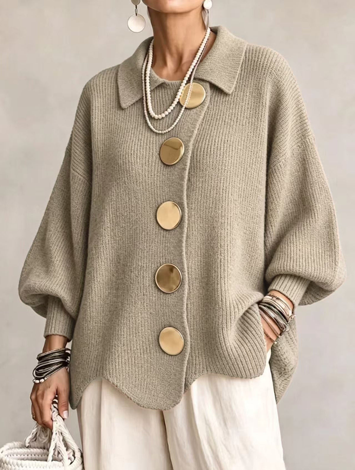 Oversize kardigán so zlatými gombíkmi Izabela – Khaki